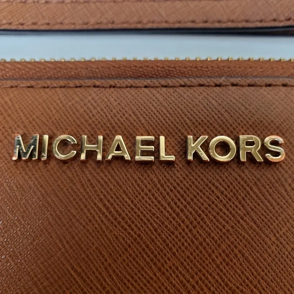 MICHAEL KORS Brown Saffiano Leather Zip-Around Wristlet Wallet